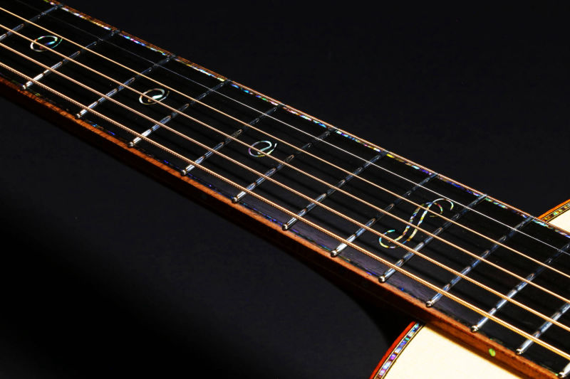 Abalonie fretboard inlays on Piña Parlor guitar
